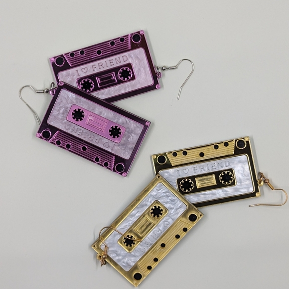 Hot Pink & Neon Acrylic "I ❤️ Friends" Cassette Tape Earrings (Set) - Picture 4 of 4